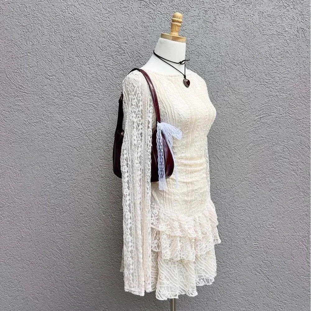 Free People Tabby Lace Long Sleeve Mini Dress Tea Size Large NWT Boho Festival